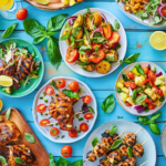 Grilled chicken and fresh vegetable salad on a summer dinner table