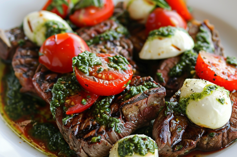 Grilled Steak with Pesto Chopped Caprese