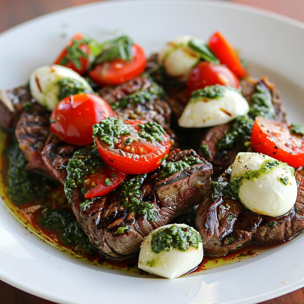 Grilled steak served with fresh pesto and Caprese salad on a white plate