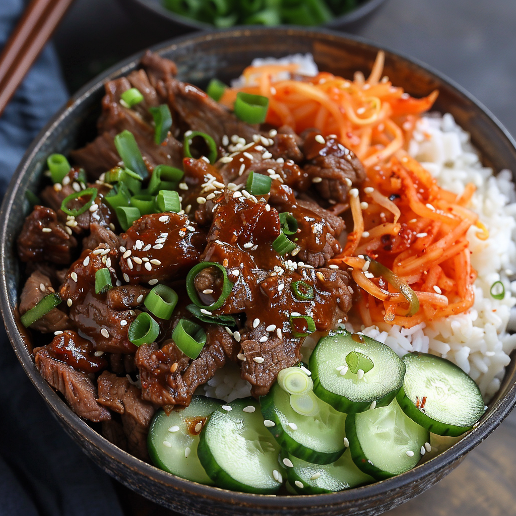 Korean Beef Bowl with rice and vegetables