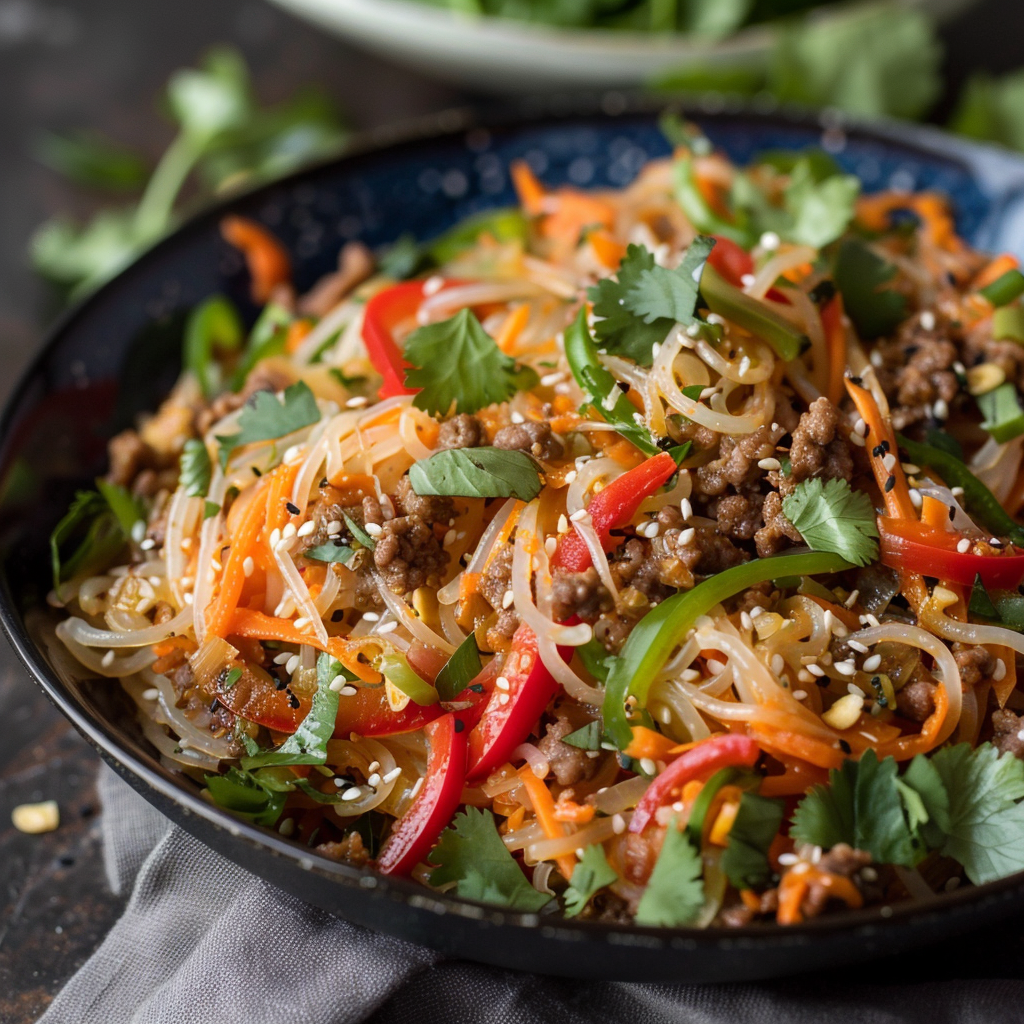 Sweet Chili and Ground Beef Salad with Rice Noodles, garnished with fresh herbs and colorful vegetables