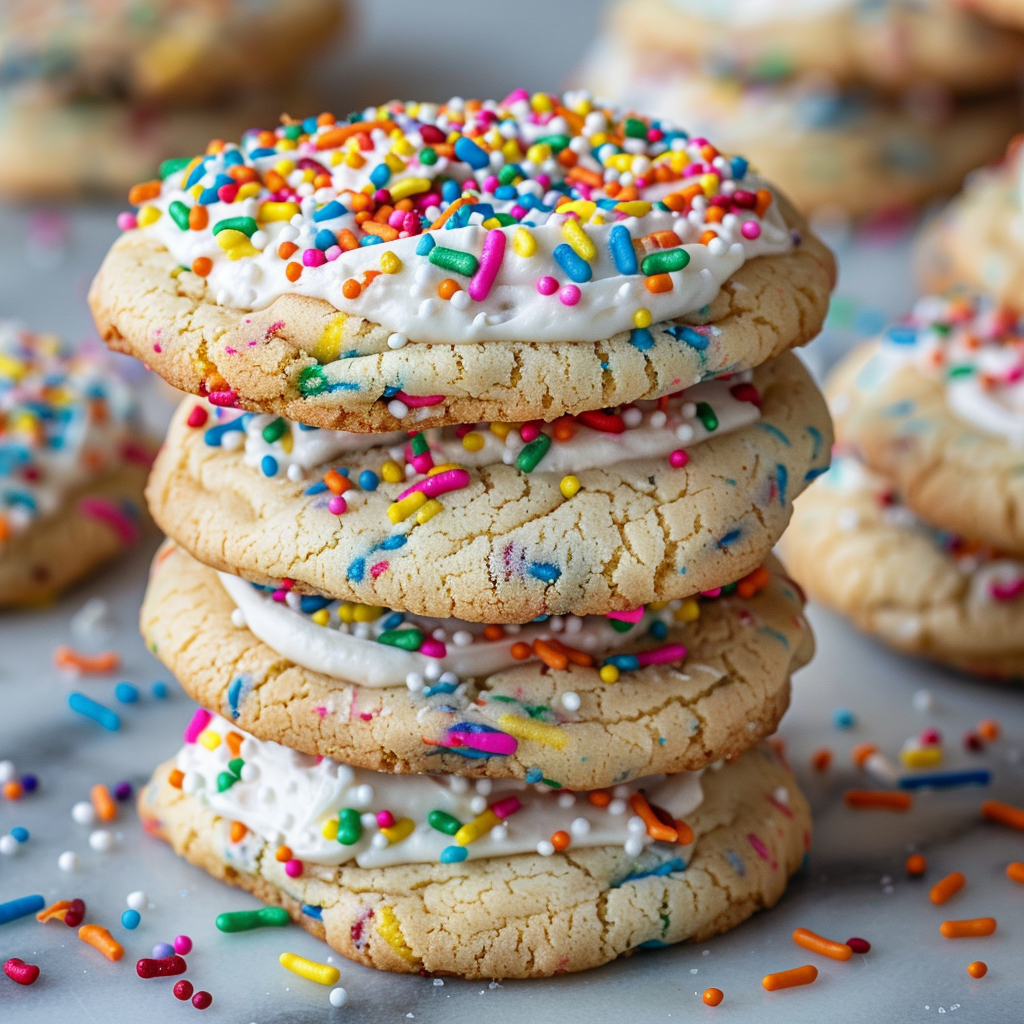 Freshly baked cake mix cookies on a baking sheet, showcasing different variations including chocolate chip, funfetti, and lemon glaze