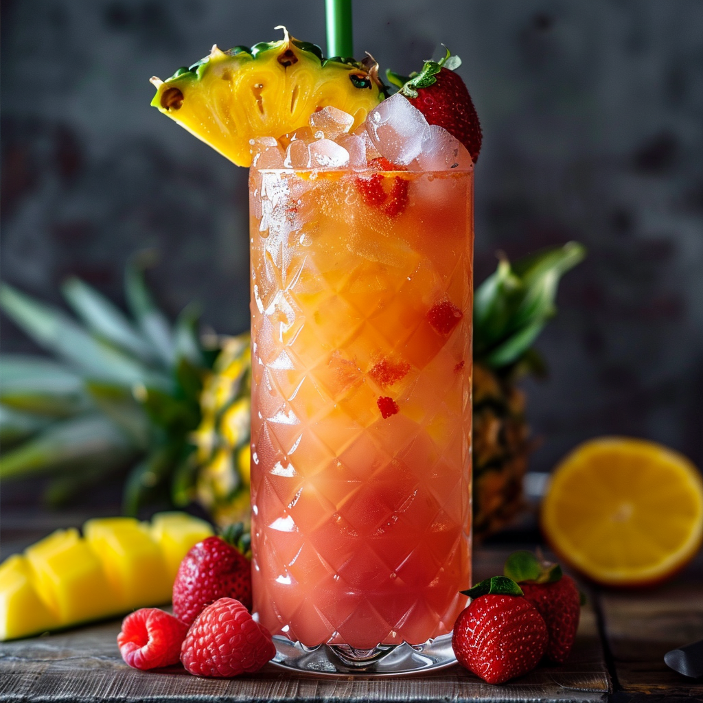 Refreshing glass of Hawaiian Punch with tropical fruit garnish