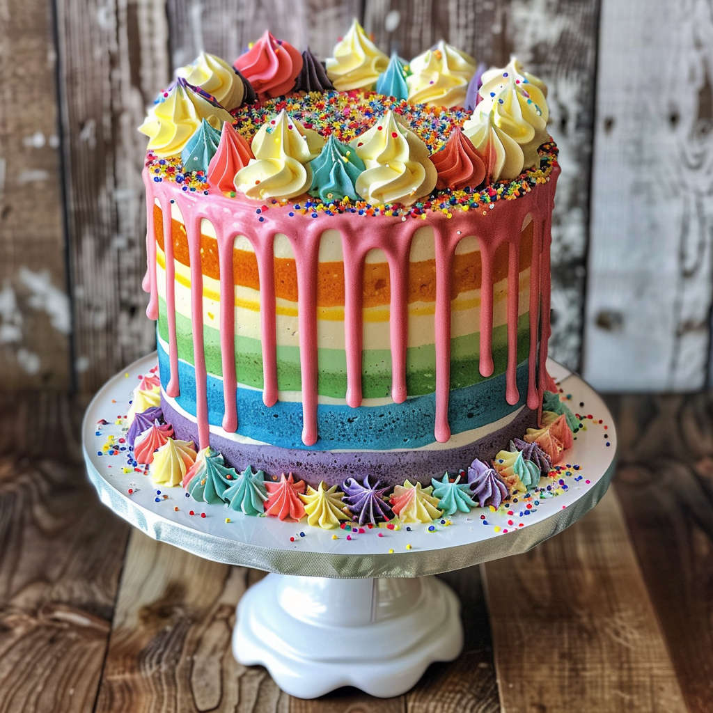 A beautifully decorated rainbow cake with vibrant colored layers and creamy frosting